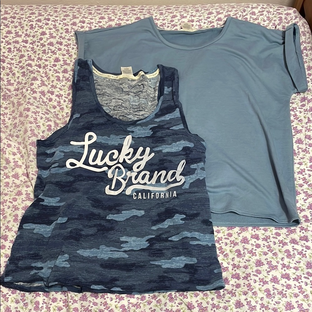 Lucky Brand Blue Camo Tank Top and Light Blue T-Shirt Lounge Set - L